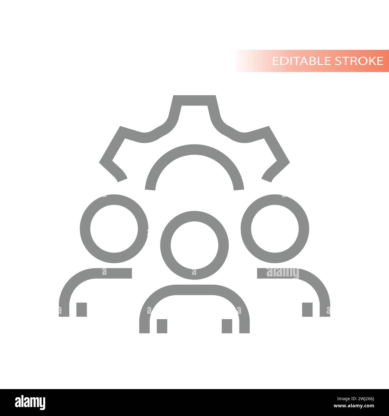 Gruppo di persone e icona del vettore della linea dell'ingranaggio. Simbolo delle risorse umane o del lavoro di squadra. Illustrazione Vettoriale