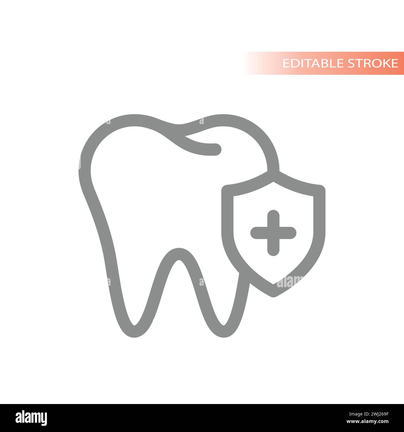 Icona del vettore della linea di schermatura e del dente. Simbolo di protezione e cura dentale. Illustrazione Vettoriale