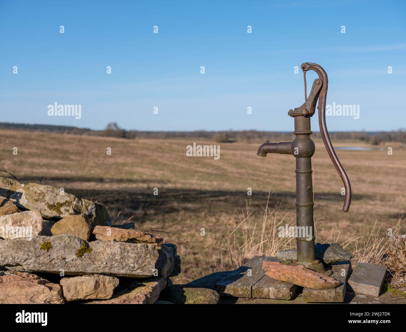 Vecchia pompa dell'acqua con manico vicino a un pozzo in campagna. Girato in Svezia, Scandinavia Foto Stock