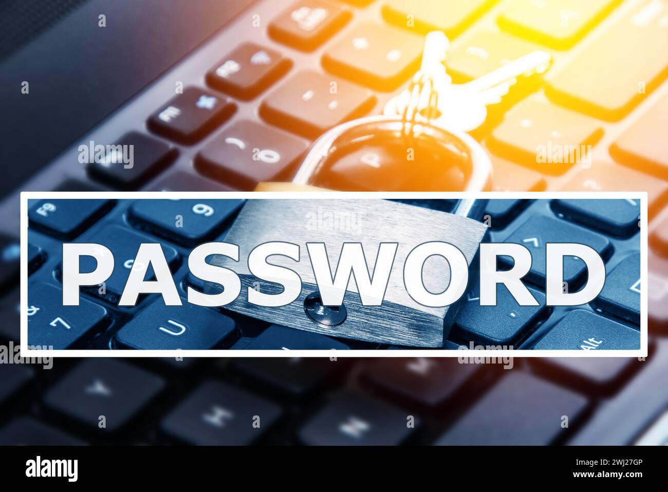 Lucchetto e computer portatile con campo password. Concetti di privacy delle informazioni e sicurezza informatica Foto Stock
