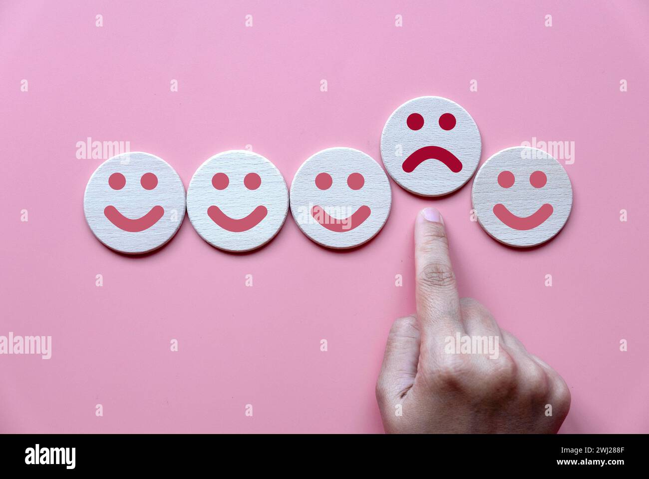 Concetto di valutazione del servizio , feedback, revisione e soddisfazione. Un dito spinge un cerchio di legno con la faccia triste. Foto Stock