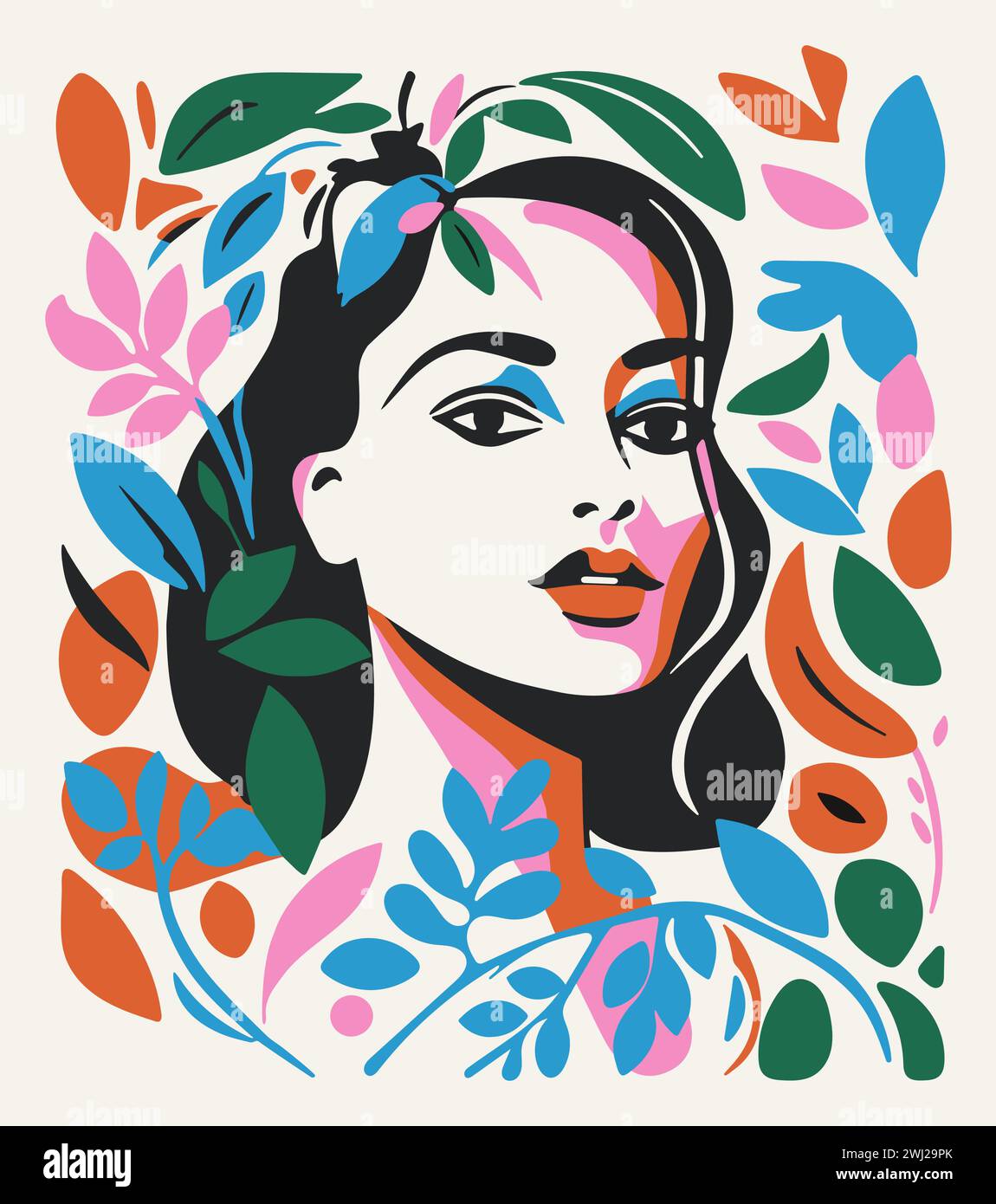 Ritratto di donna astratto colorato in stile artistico anni '50-'60. Bella faccia femminile con capelli neri in fiori e piante. Semplici forme disegnate a mano. Vettore Illustrazione Vettoriale