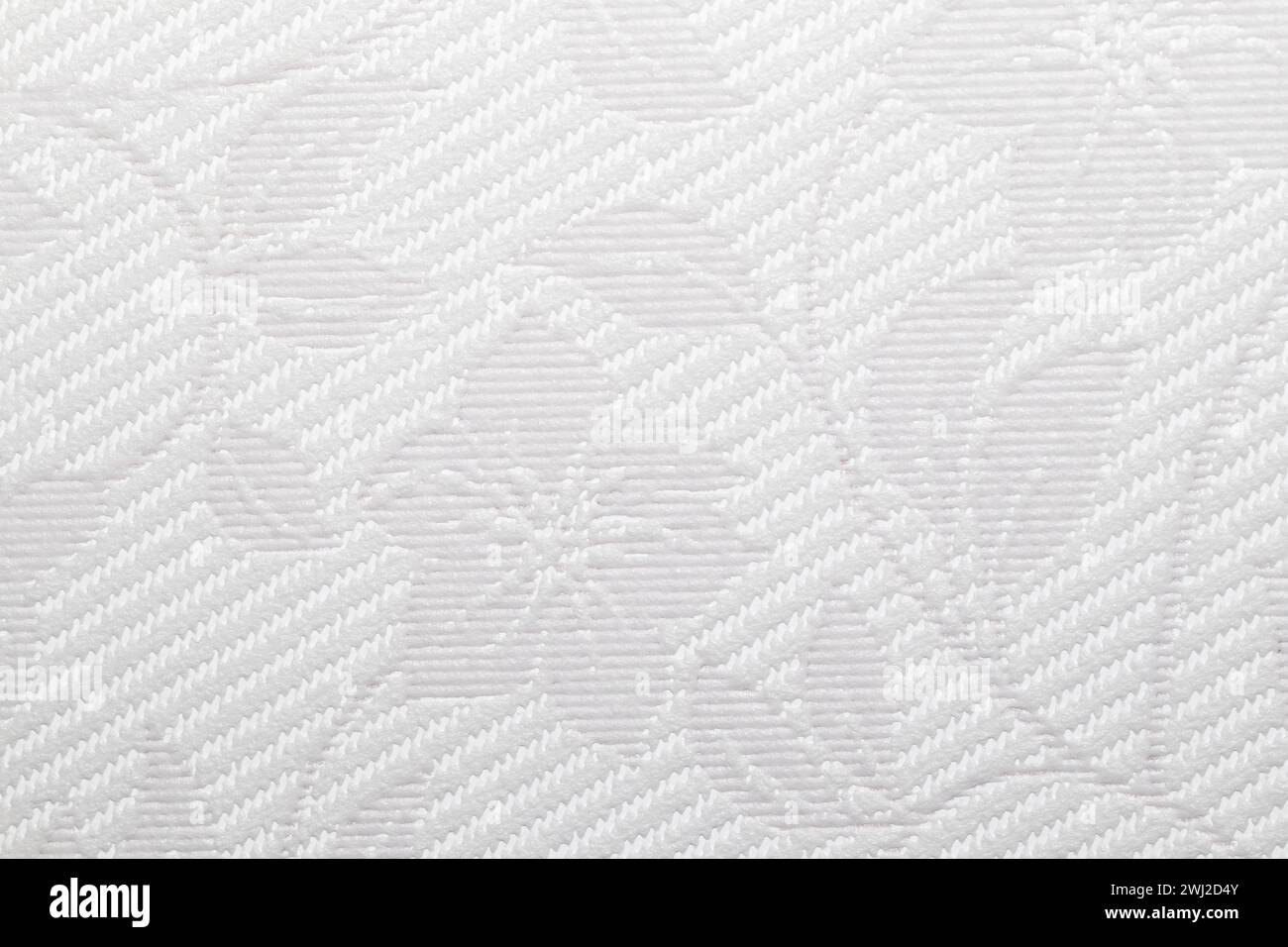 Questa immagine presenta un dettagliato primo piano di sfondi in vinile testurizzato grigio chiaro che mostrano un intricato motivo a trama diagonale con elementi floreali. Foto Stock