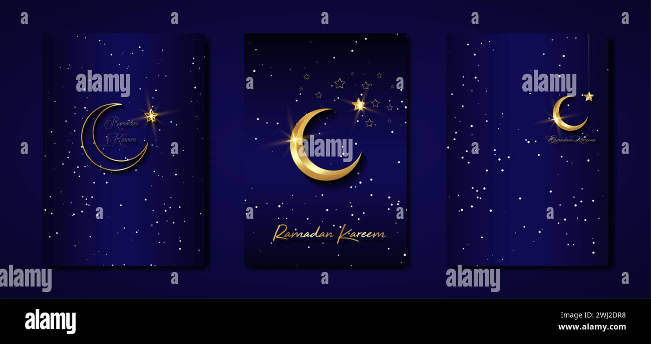 Scheda nera con set vettoriale Ramadan Kareem 2024. Mezza luna dorata su sfondo blu stellato. Poster delle vacanze dorate con testo, simbolo islamico. Concetto musulmano Illustrazione Vettoriale
