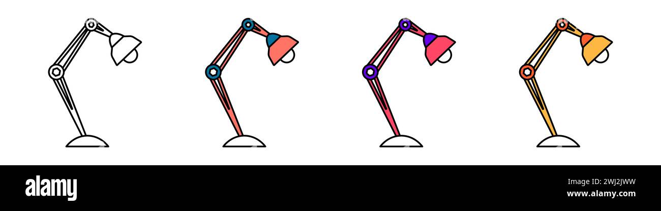 Set di lampade da tavolo con design piatto. Luce da lettura in stile cartoni animati. Icona clipart vettoriale. Illustrazione Vettoriale