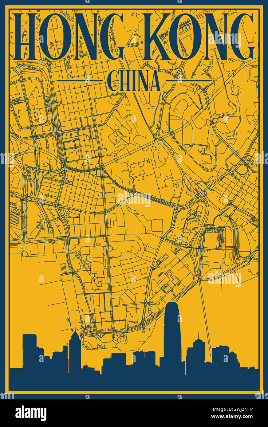 Rete stradale e poster dello skyline del centro di HONG KONG, CINA Illustrazione Vettoriale