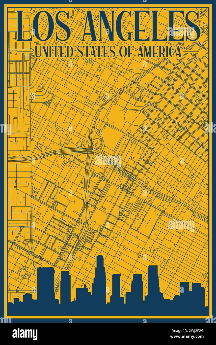 Rete stradale e poster dello skyline del centro DI LOS ANGELES, STATI UNITI D'AMERICA Illustrazione Vettoriale