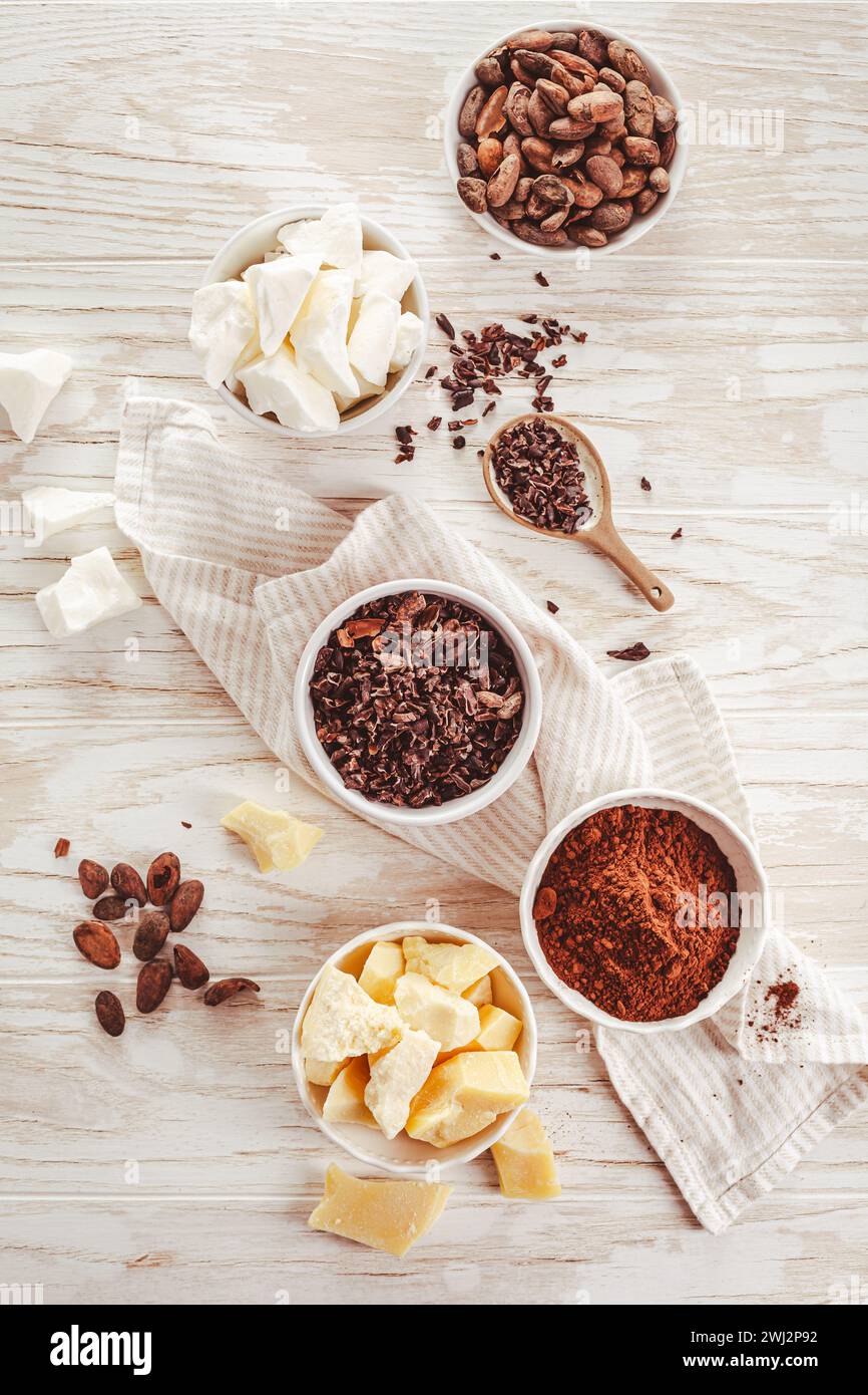 Fagioli di cacao, cioccolato, burro di cacao, pennini e cacao in polvere, ingredienti da forno Foto Stock