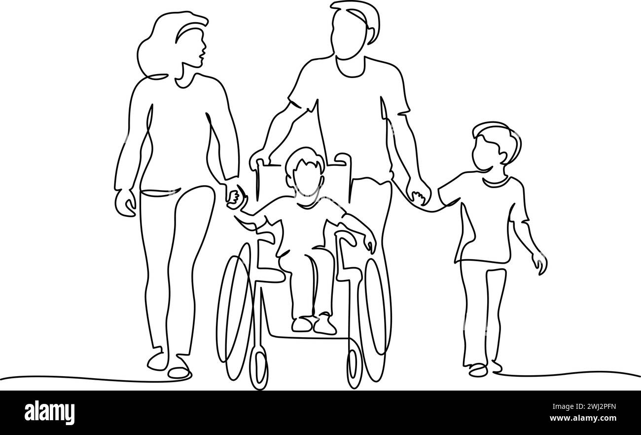 Felice ragazzo disabile con la sua famiglia insieme all'aperto. Illustrazione Vettoriale