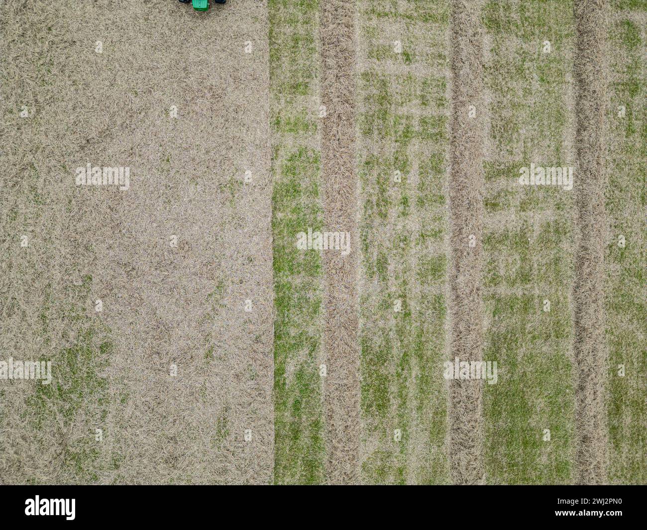 Agricoltura nel Regno Unito. Fotografia aerea di strisce in un campo erboso durante la formazione del fieno Foto Stock