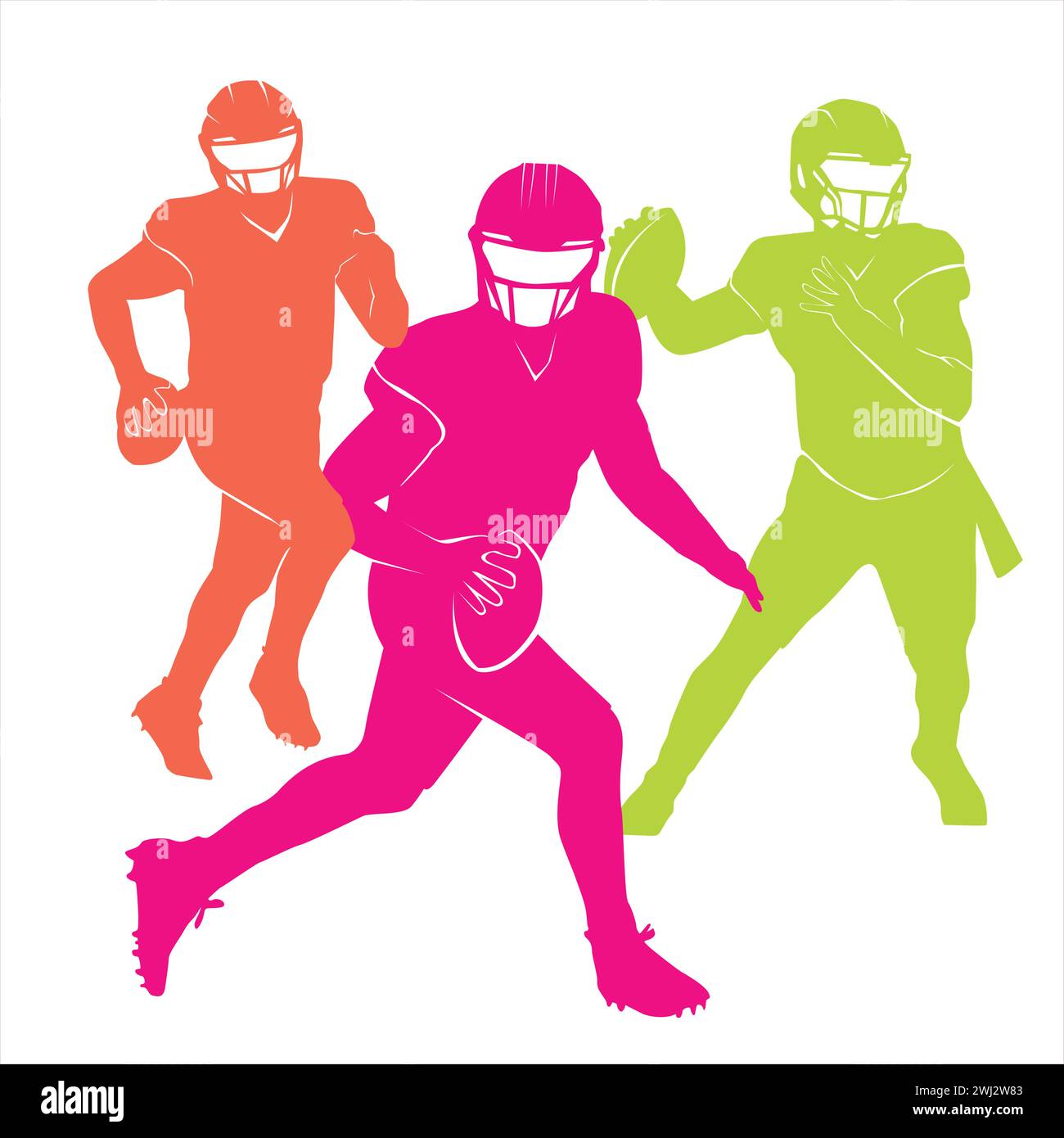 set modificabile di colorati giocatori di football americano vettoriali che si pongono per qualsiasi sfondo grafico ed elementi sportivi Illustrazione Vettoriale