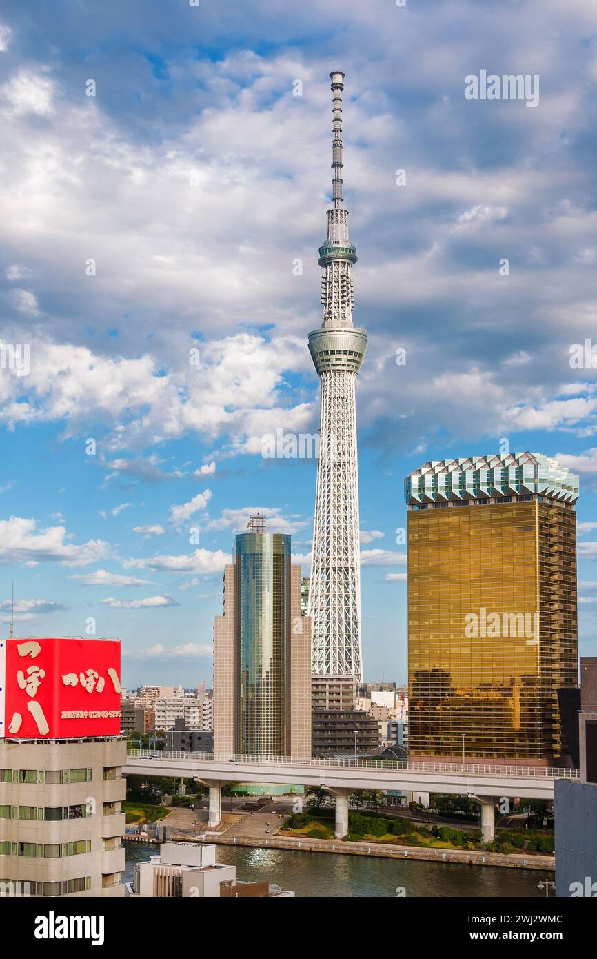 La famosa torre Tokyo Skytree e gli edifici del quartier generale Asahi nel quartiere di Sumida Foto Stock