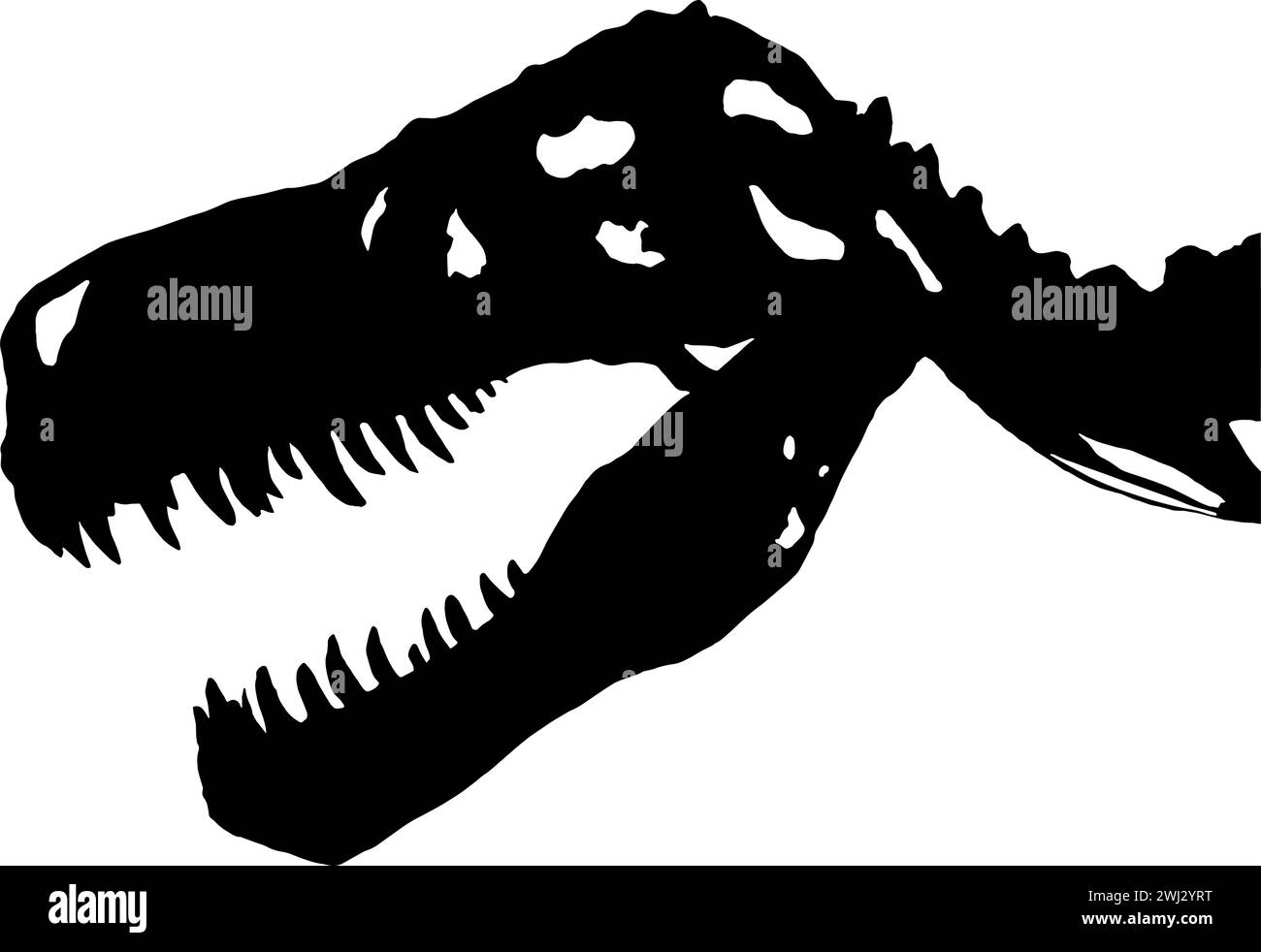 Sagoma di un cranio di tyrannosaurus rex, vista profilo, in nero, isolato Illustrazione Vettoriale