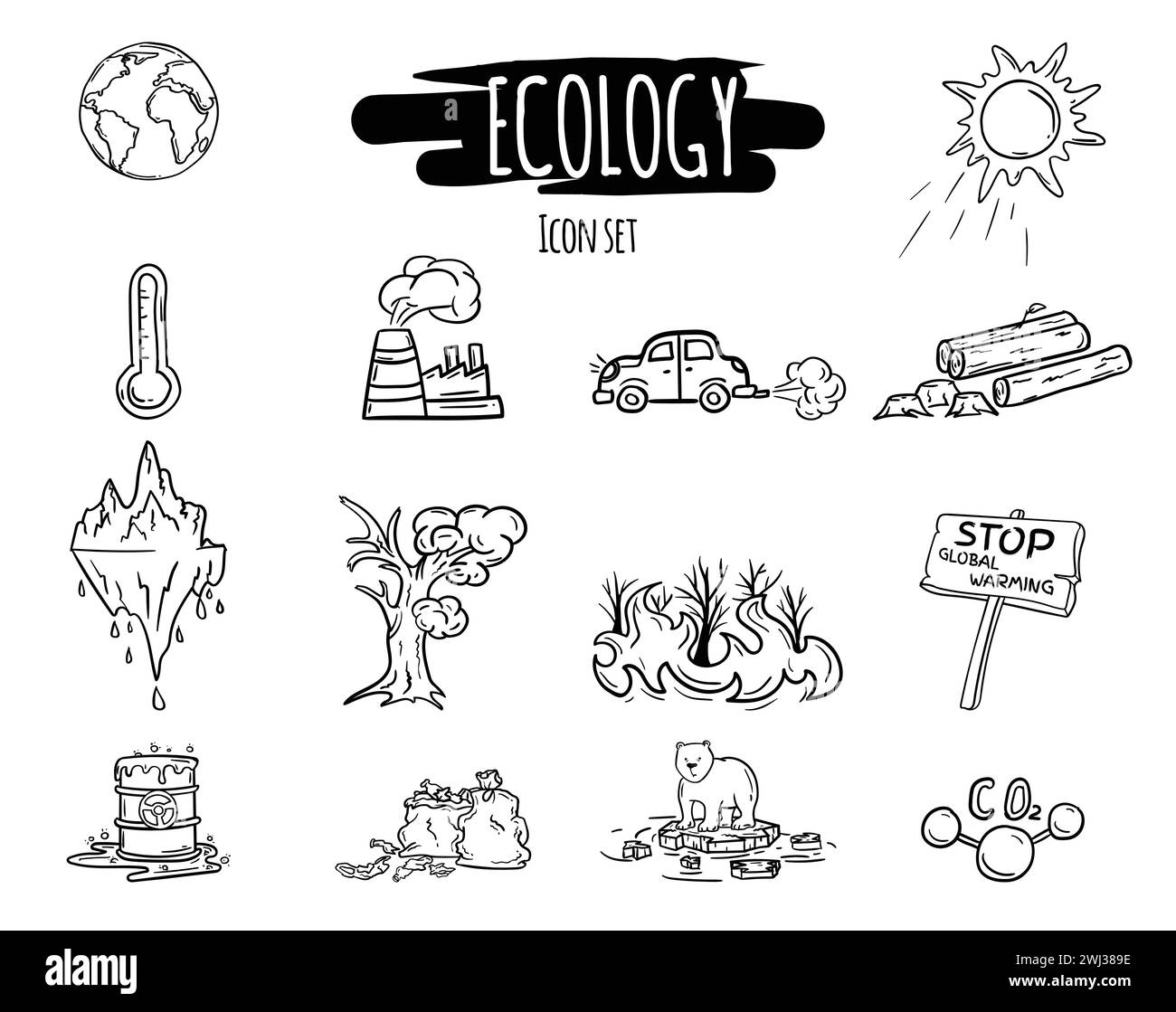 Serie di icone in bianco e nero disegnate a mano da vettori di ecologia, riscaldamento globale, cambiamento climatico e disastro ambientale. Illustrazione Vettoriale