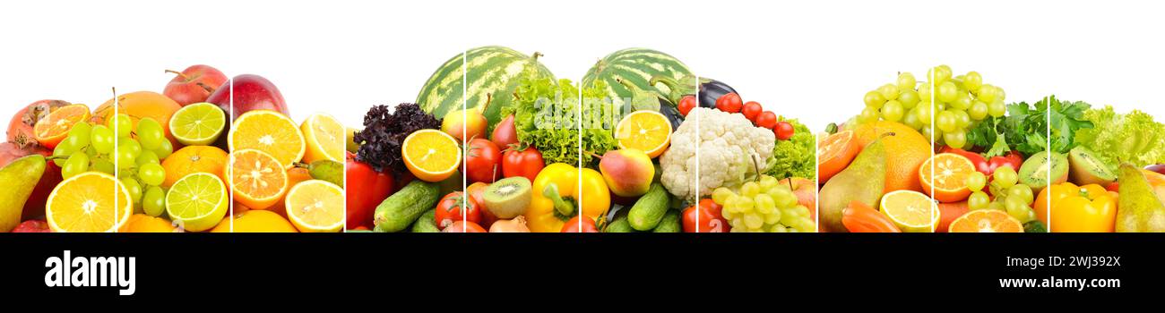 Deliziose verdure fresche, frutta e verdura separate da linee verticali. Isolato su sfondo bianco. Foto Stock