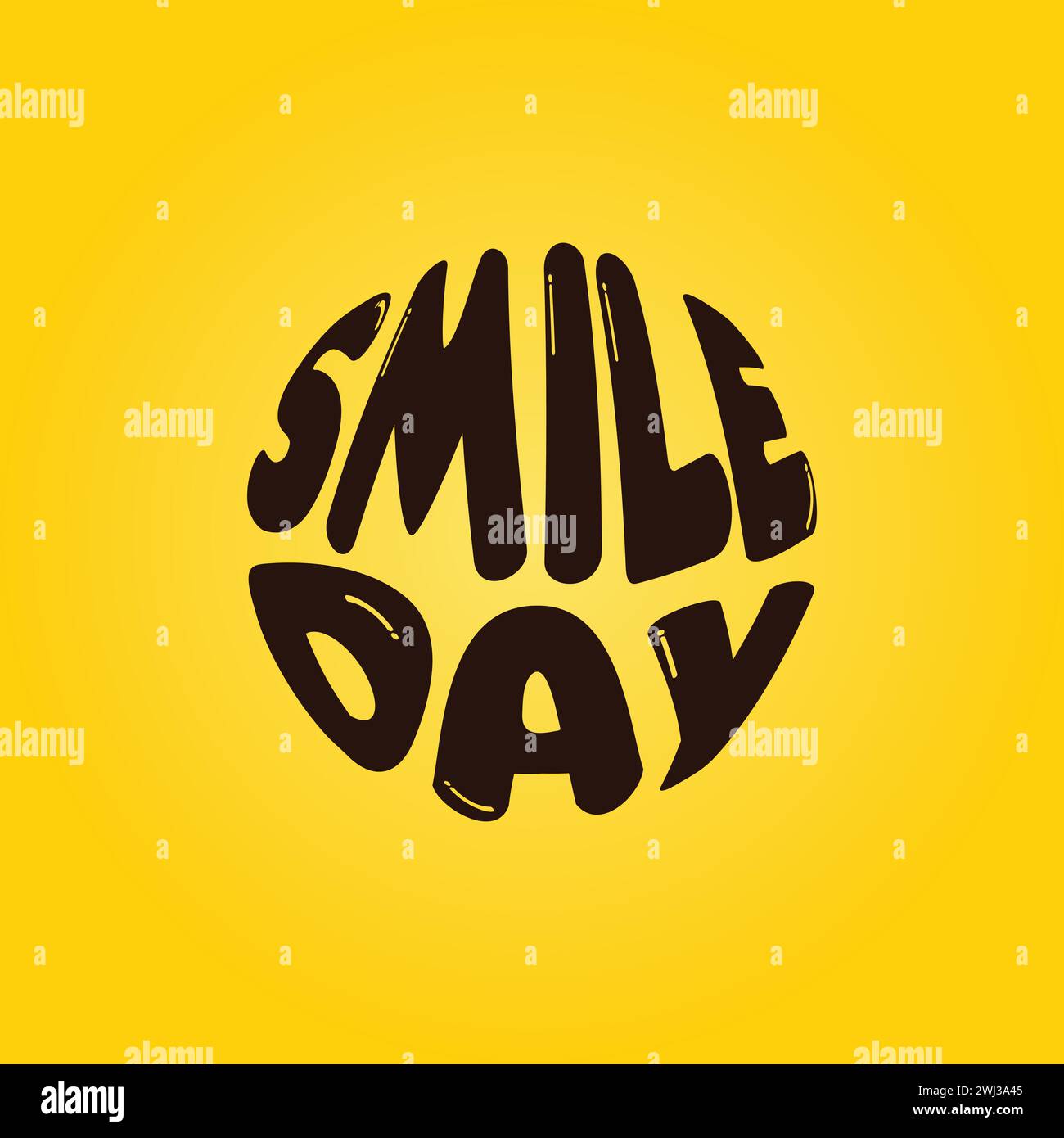 Scritta rotonda nera con un sorriso su sfondo giallo. Logo con lettere vettoriali World Smile Day. Illustrazione Vettoriale