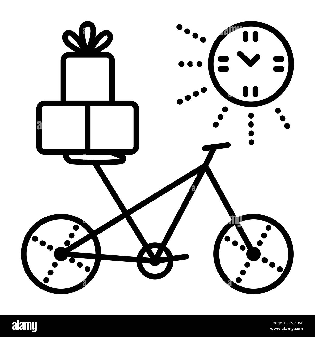 Consegna in bicicletta, icona del vettore della linea nera, simbolo della bicicletta con pacchi e pittogramma dell'orologio solare, consegna in giornata Illustrazione Vettoriale