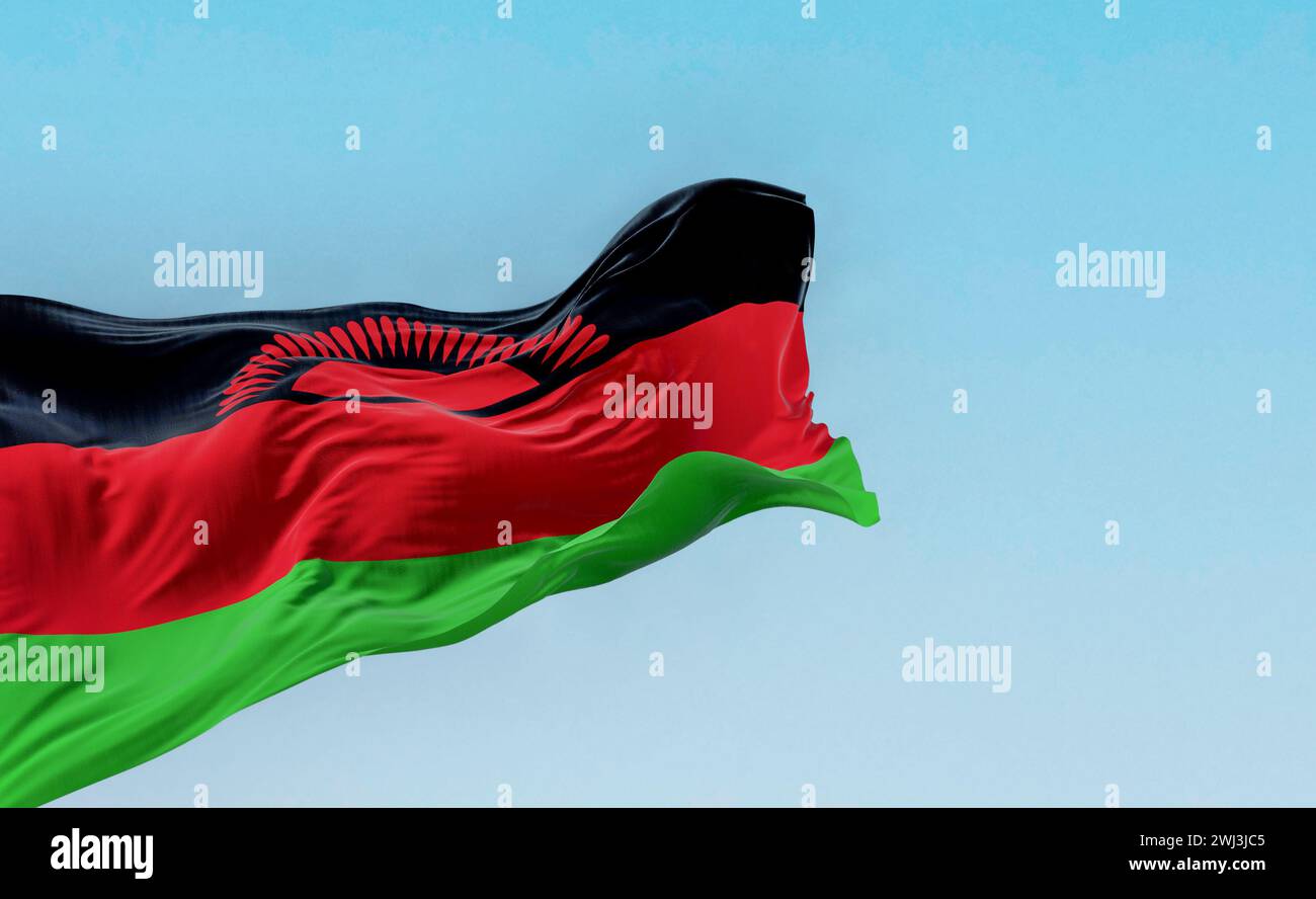 Bandiera nazionale del Malawi che sventolava nel vento in una giornata limpida Foto Stock