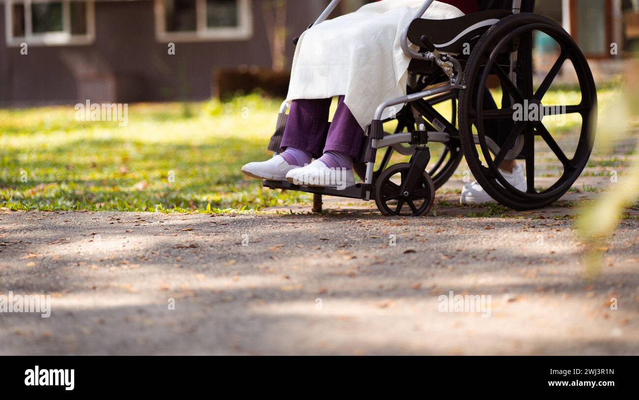 Casa di riposo. Giovane assistente che aiuta le donne anziane in sedia a rotelle. Foto Stock