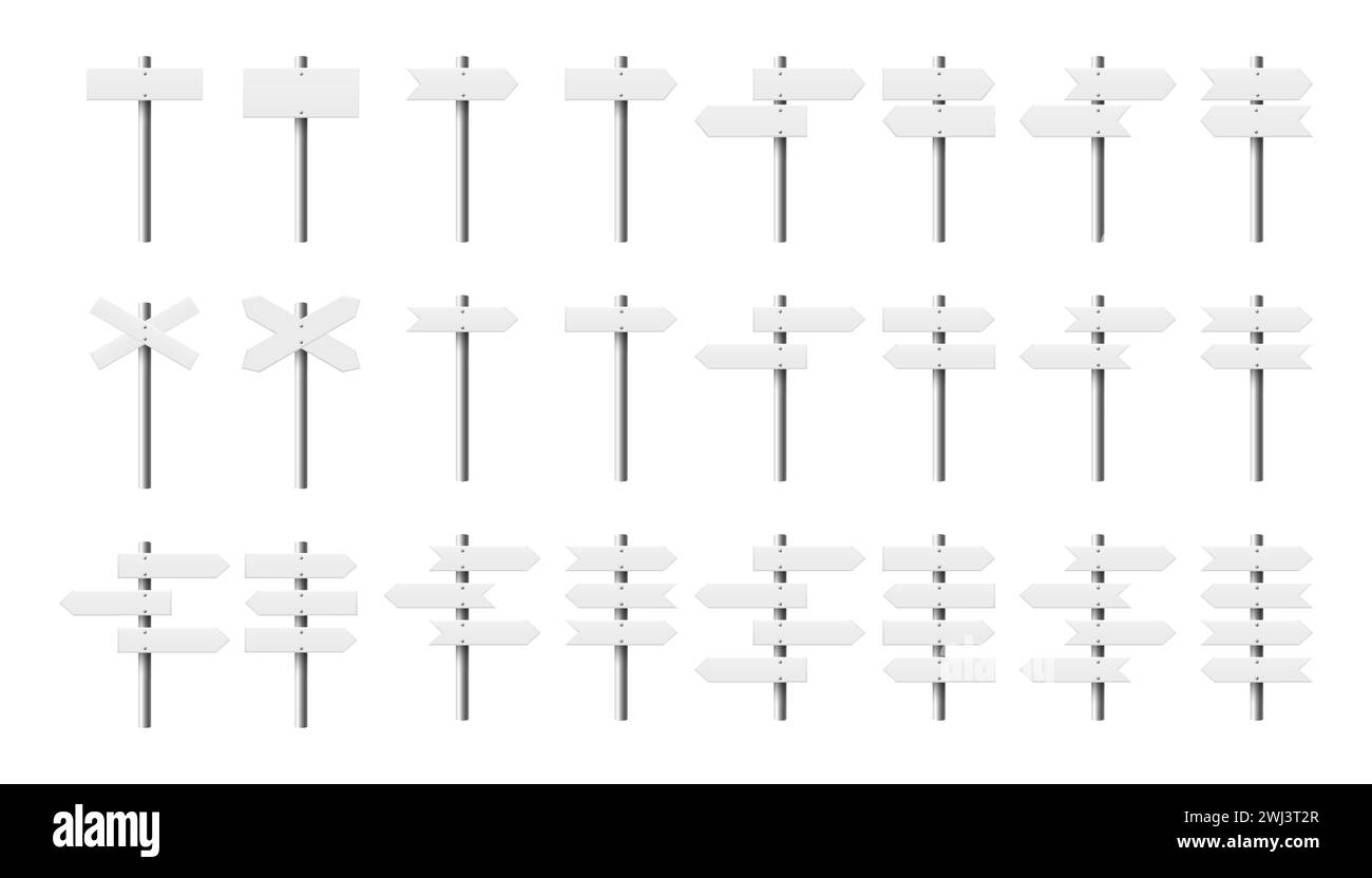 Set di colonne per segnali in legno Vector 3D. Cartello bianco realistico su strada, puntatore in compensato, legno, texture in legno. Segnaletica per la direzione di puntamento, isolata Illustrazione Vettoriale