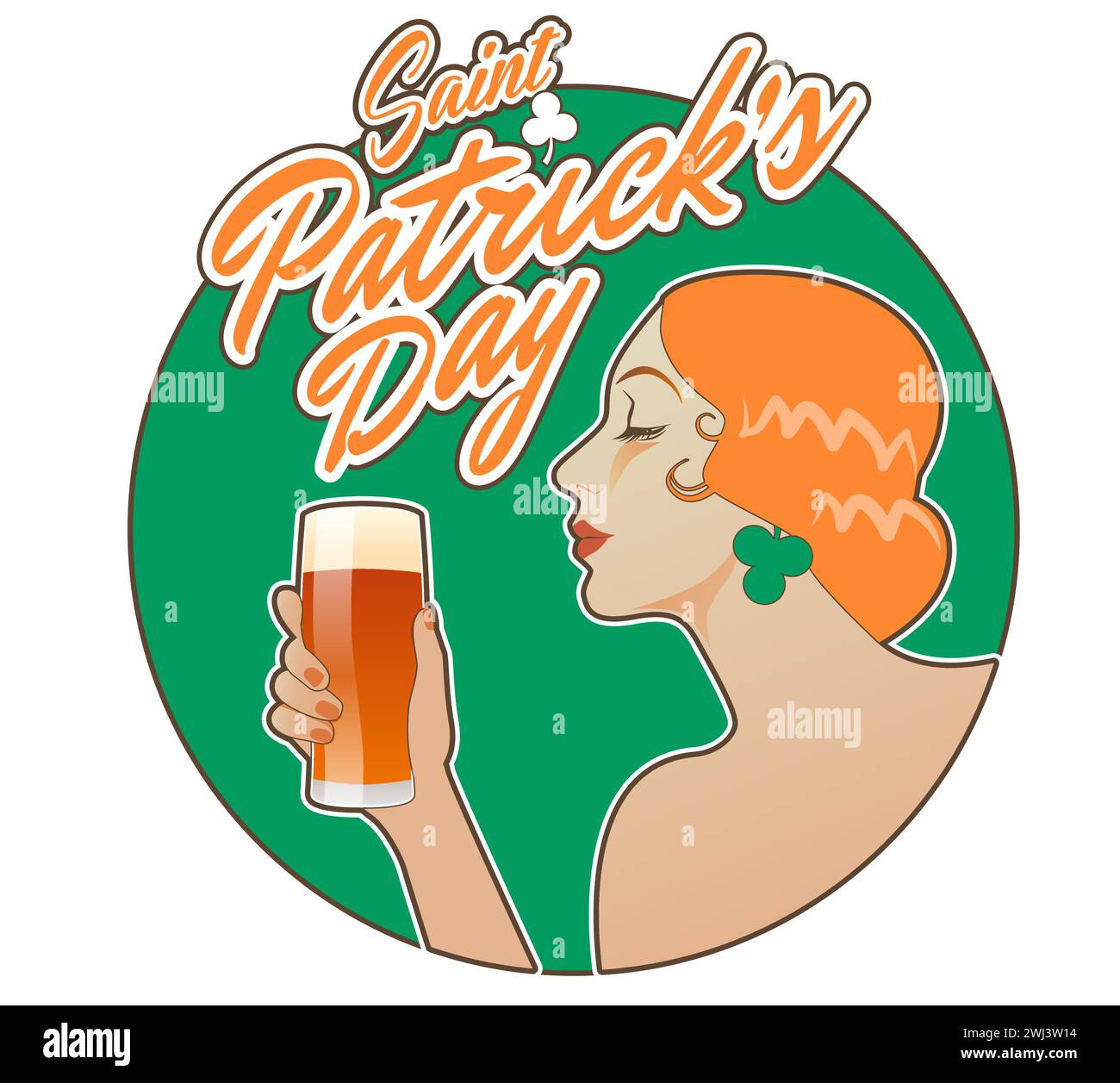 Bella donna con una pinta di birra in stile art-nouveau. Celebrazione vintage del giorno di San Patrizio. Illustrazione Vettoriale