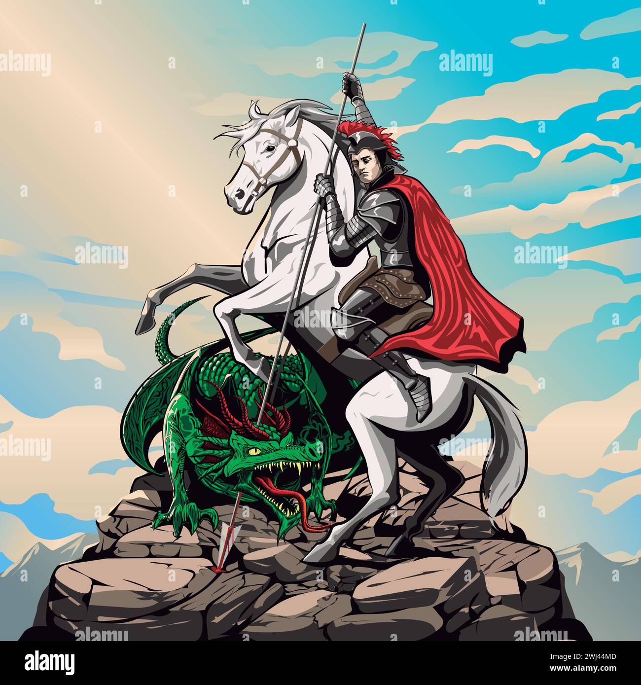 vettoriale disegnato a mano st. il giorno di george. Illustrazione del cavaliere con a cavallo sulla cima della montagna. Combattere con il drago. San Giorgio e il Drago. Illustrazione Vettoriale