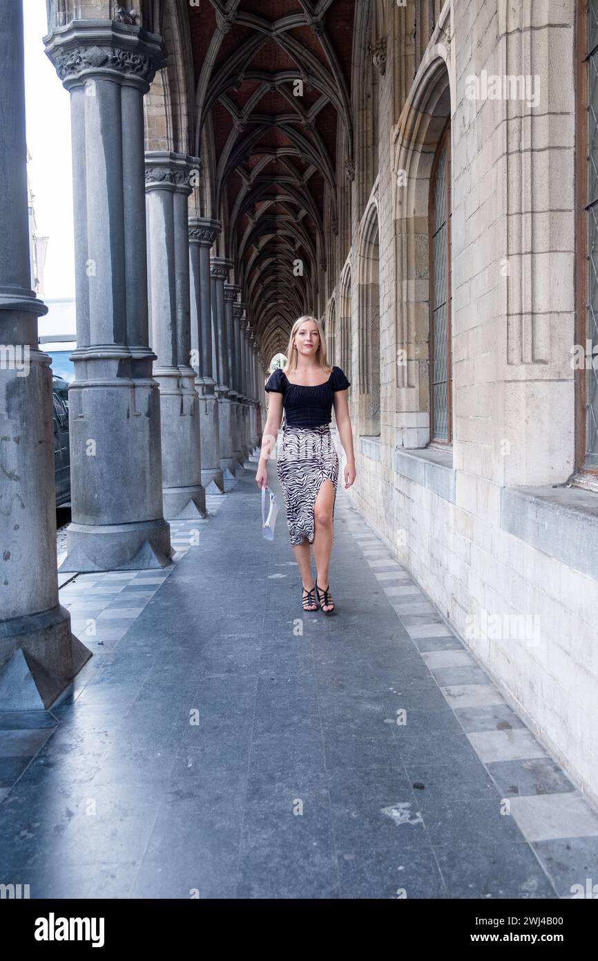 Eleganza architettonica: Graziosa passeggiata nel corridoio gotico Foto Stock