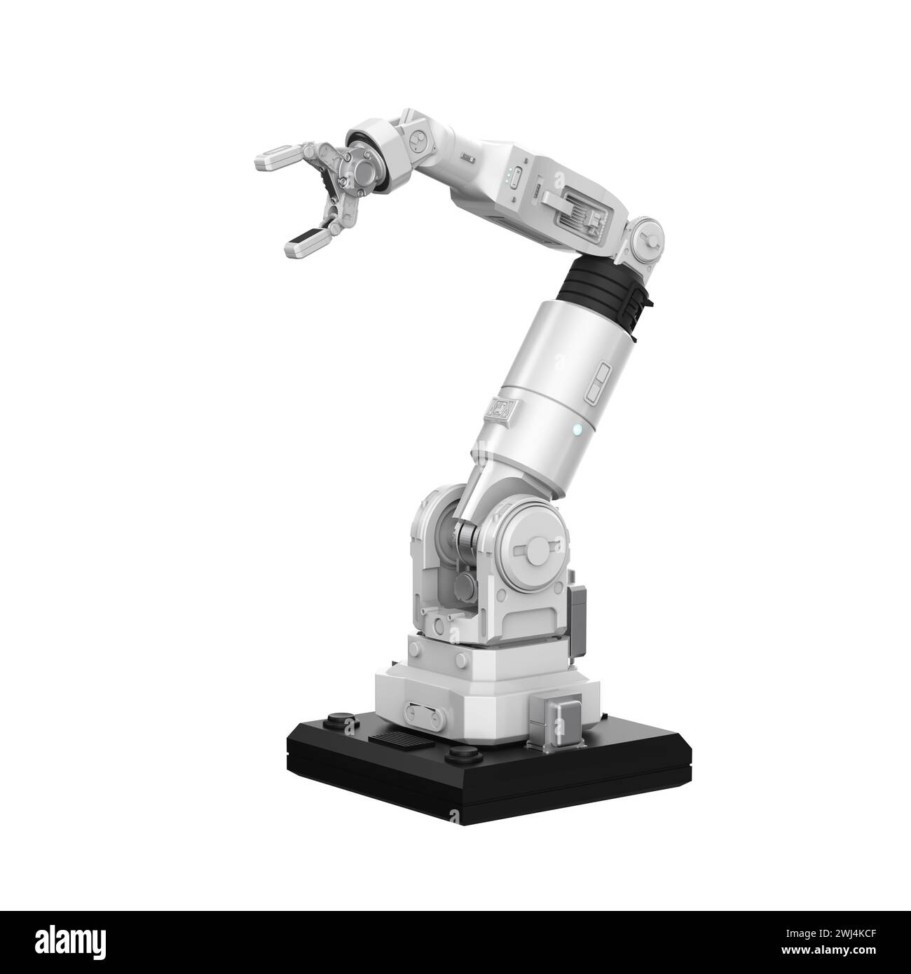 braccio robotico ai bianco con rendering 3d isolato su sfondo bianco Foto Stock