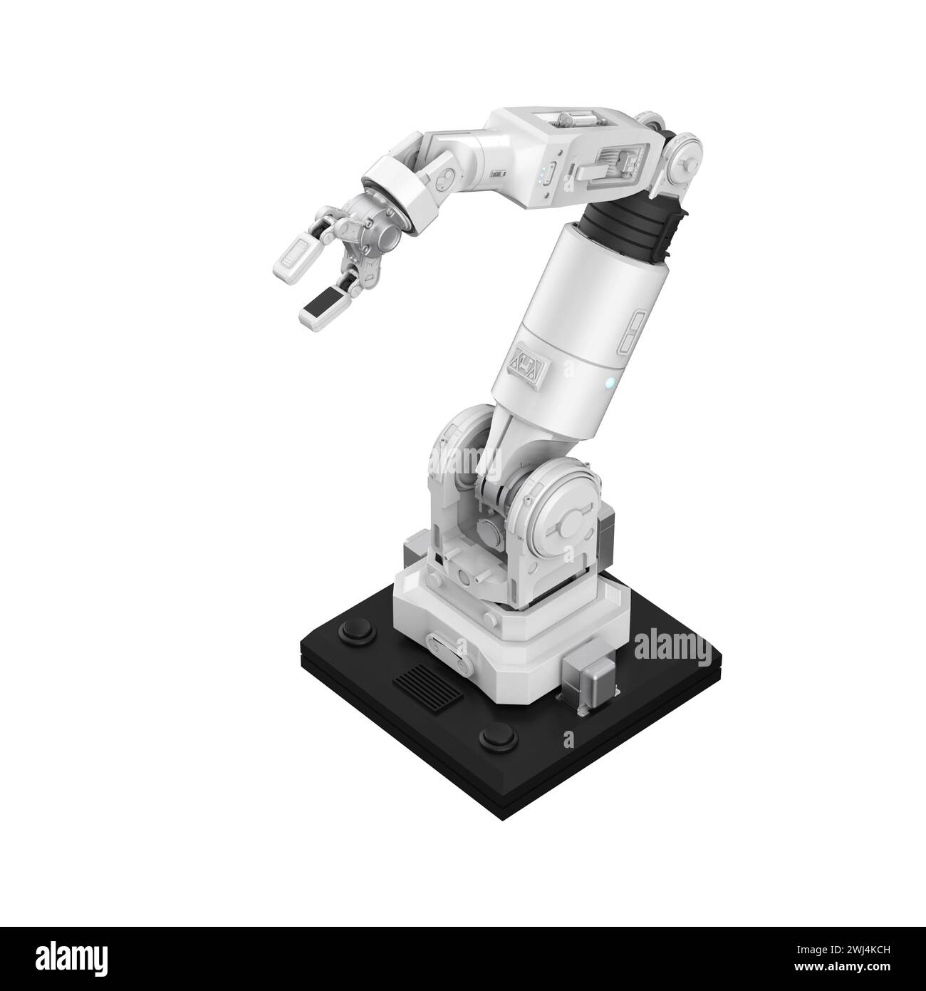 braccio robotico ai bianco con rendering 3d isolato su sfondo bianco Foto Stock