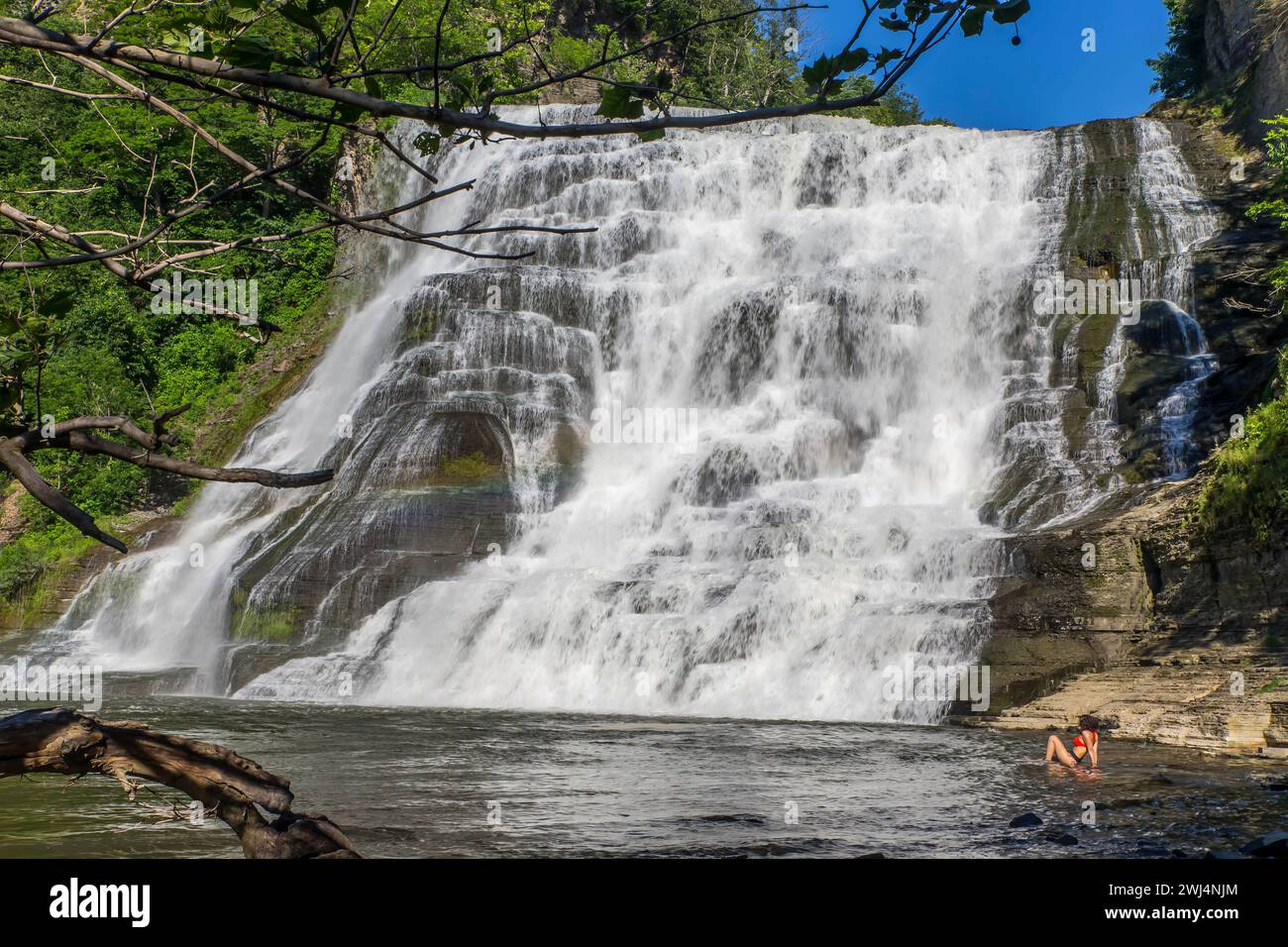 Sinfonia d'estate: L'incantevole eleganza di una cascata illuminata dal sole Foto Stock