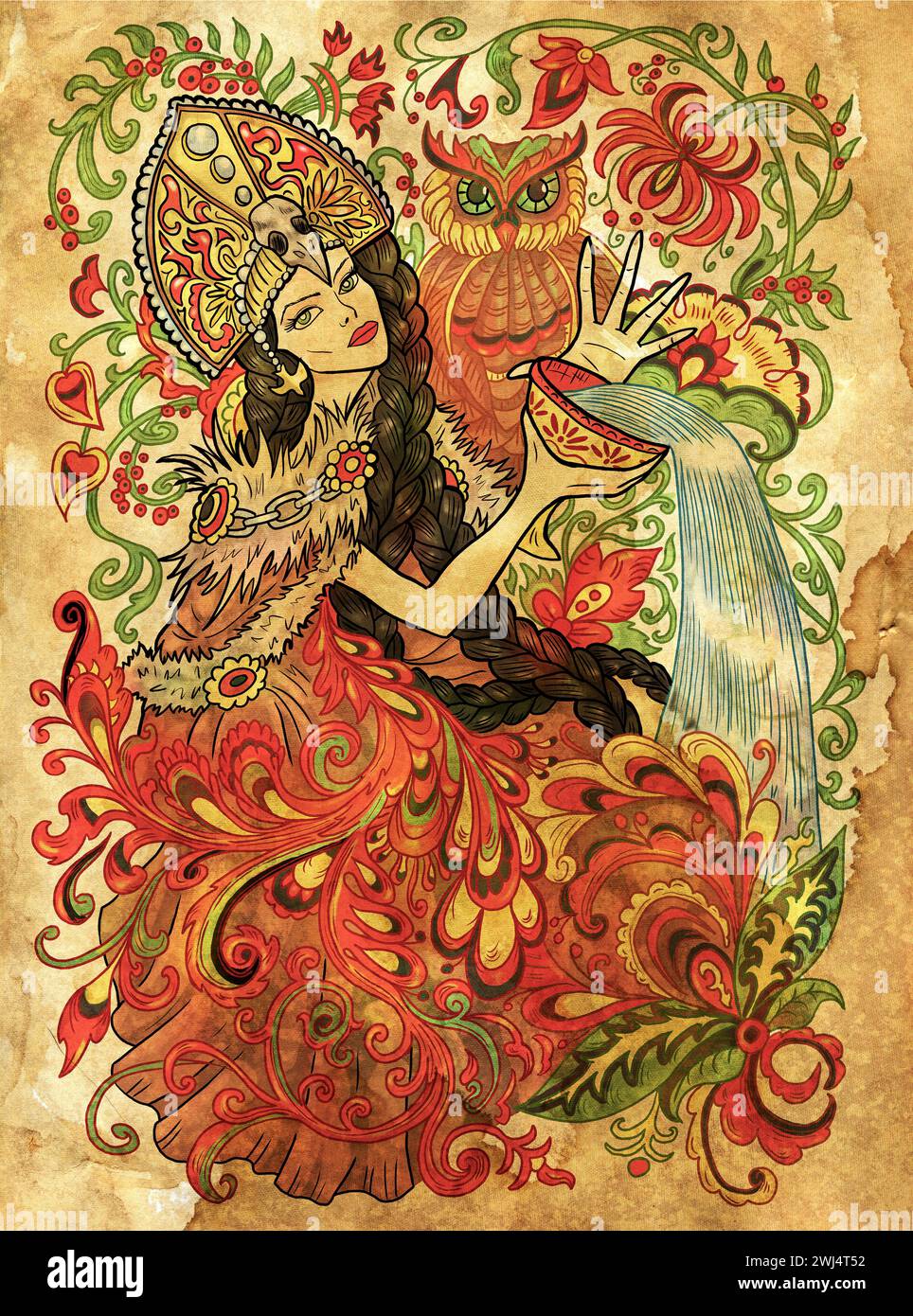 Illustrazione fantasia incisa con bella donna come strega o maga su sfondo testurizzato. Grafica colorata disegnata a mano con concetto etnico AS Foto Stock