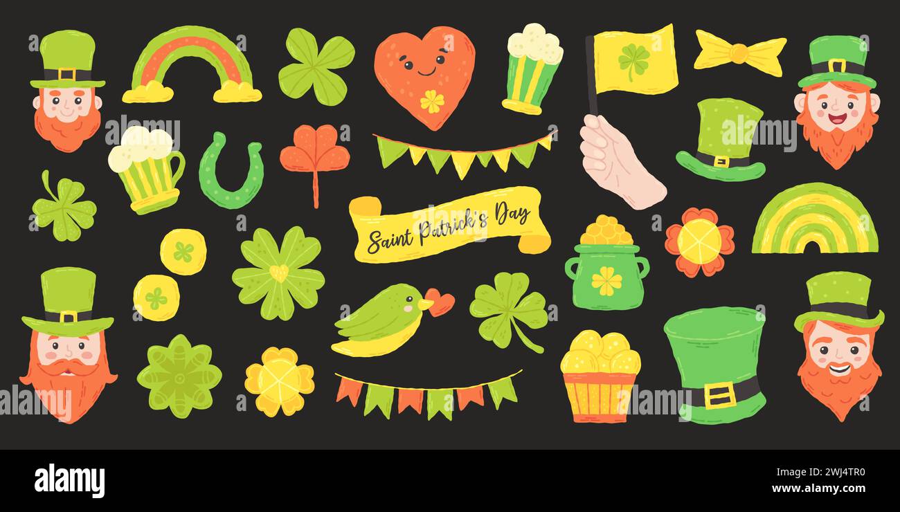 Set festivo per St. Festa di San Patrizio: clover, irlanda, shamrock, birra, bandiera, leprecaun, gnomo. Elementi di cartoni animati piatti disegnati a mano. Illustrazione vettoriale Illustrazione Vettoriale