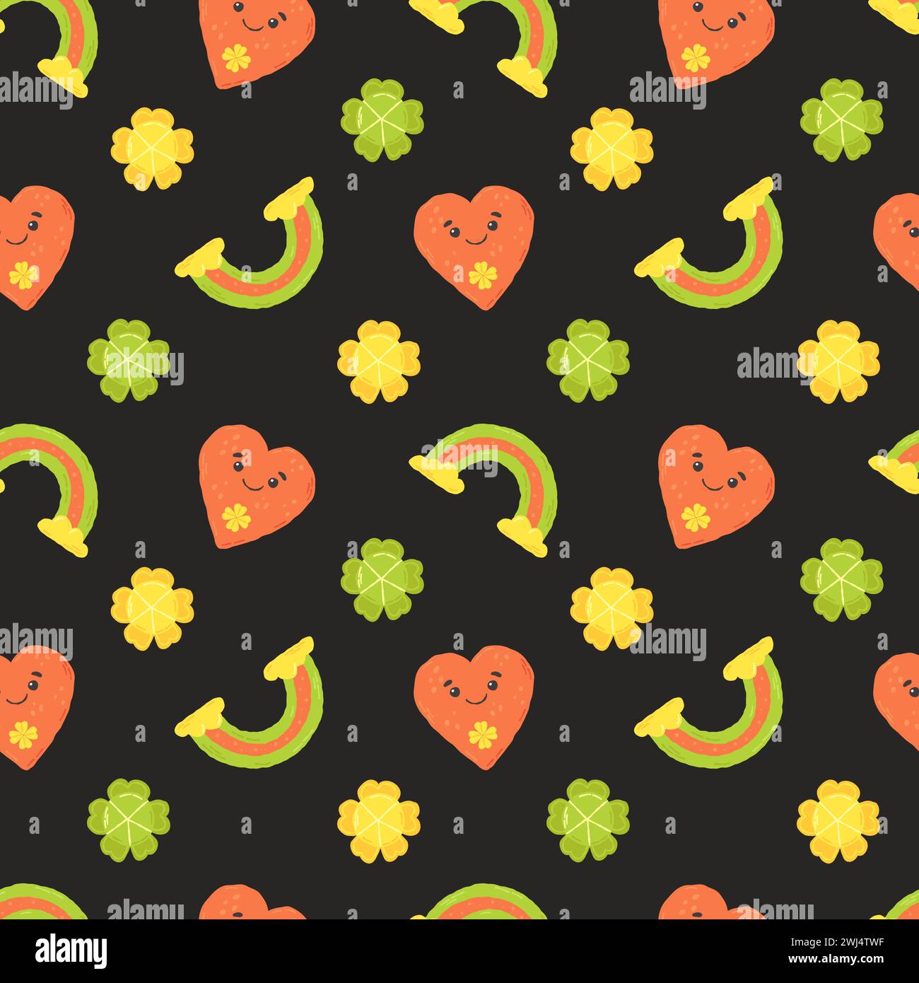 Modello festivo per St. Giorno di Patrick con trifoglio e arcobaleno. Elementi di cartoni animati piatti disegnati a mano. Illustrazione vettoriale Illustrazione Vettoriale