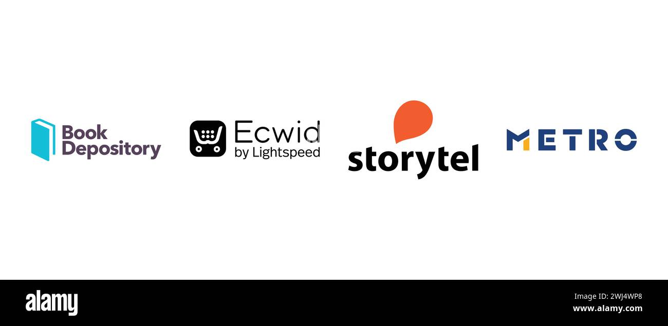 Ecwid, Storytel, Book Depository, Metro. Illustrazione vettoriale, logo editoriale. Illustrazione Vettoriale