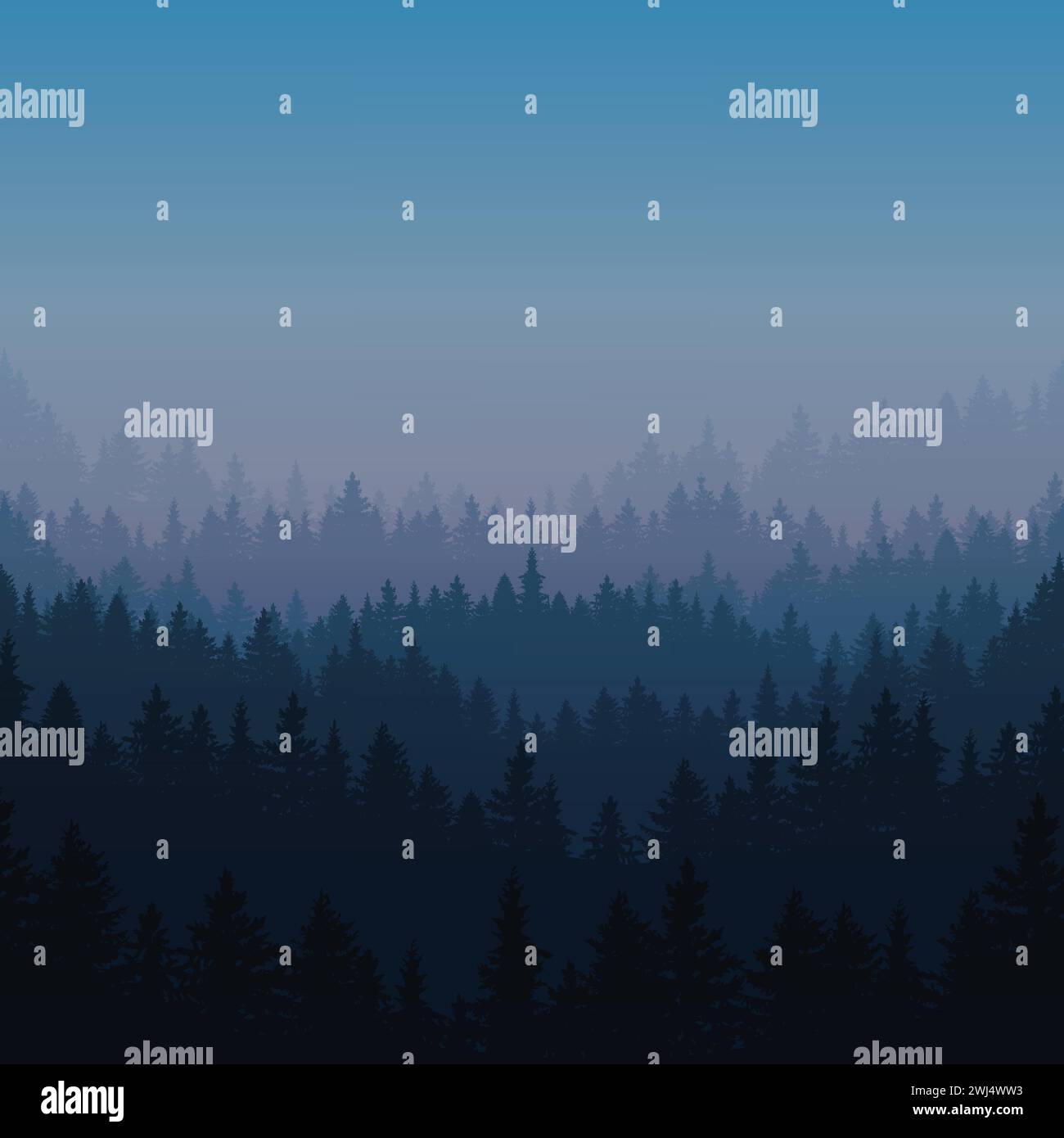 Foresta blu alba alberi montagne Illustrazione Vettoriale