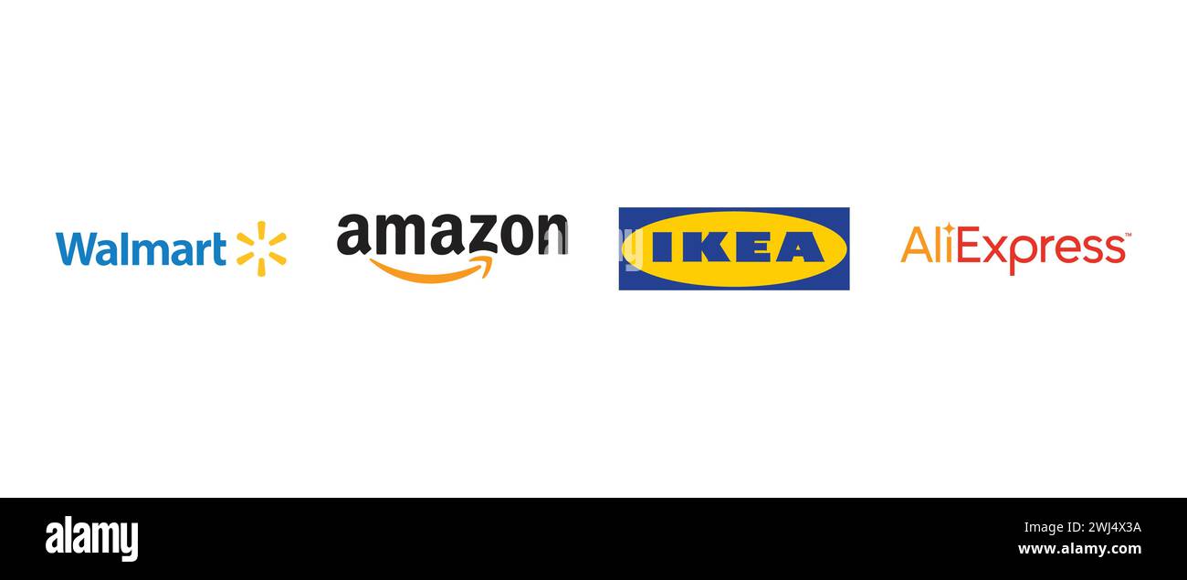 Amazon, Ikea, Walmart, Aliexpress. Illustrazione vettoriale, logo editoriale. Illustrazione Vettoriale
