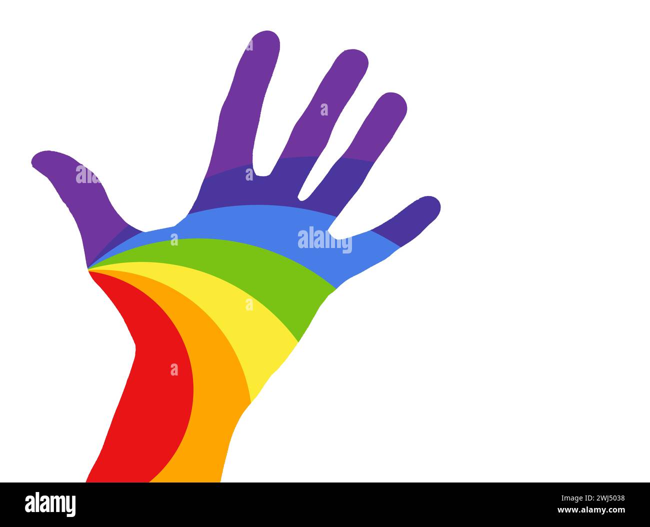 Mano umana con colori arcobaleno, isolata su sfondo bianco. Comunità LGBT. Saluti, saluti Foto Stock