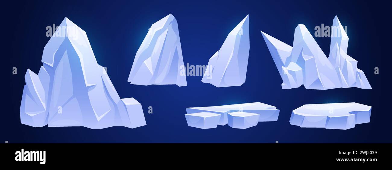 Set di banchi di ghiaccio isolati sullo sfondo. Illustrazione vettoriale di pezzi di iceberg congelati di forma astratta per un paesaggio invernale innevato, piattaforme di gioco a polo nord, elementi dell'isola artica Illustrazione Vettoriale
