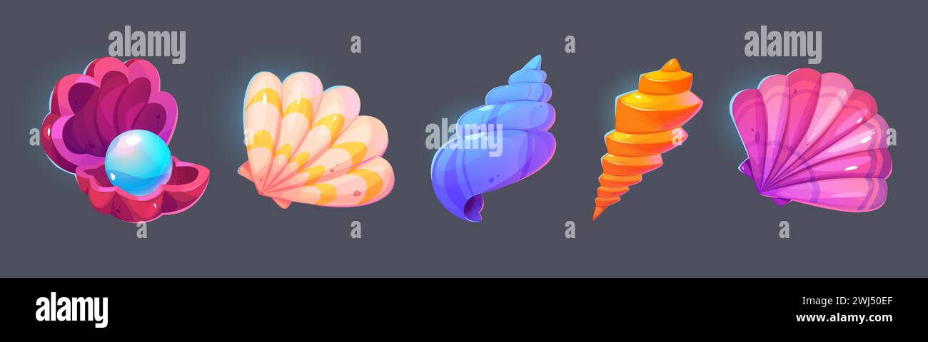 Conchiglie isolate su sfondo nero. Illustrazione vettoriale di elementi di design del fondale marino della spiaggia o dell'acquario, conchiglie di ostriche con perle, molluschi, lumaca, collezione di gioielli souvenir Illustrazione Vettoriale