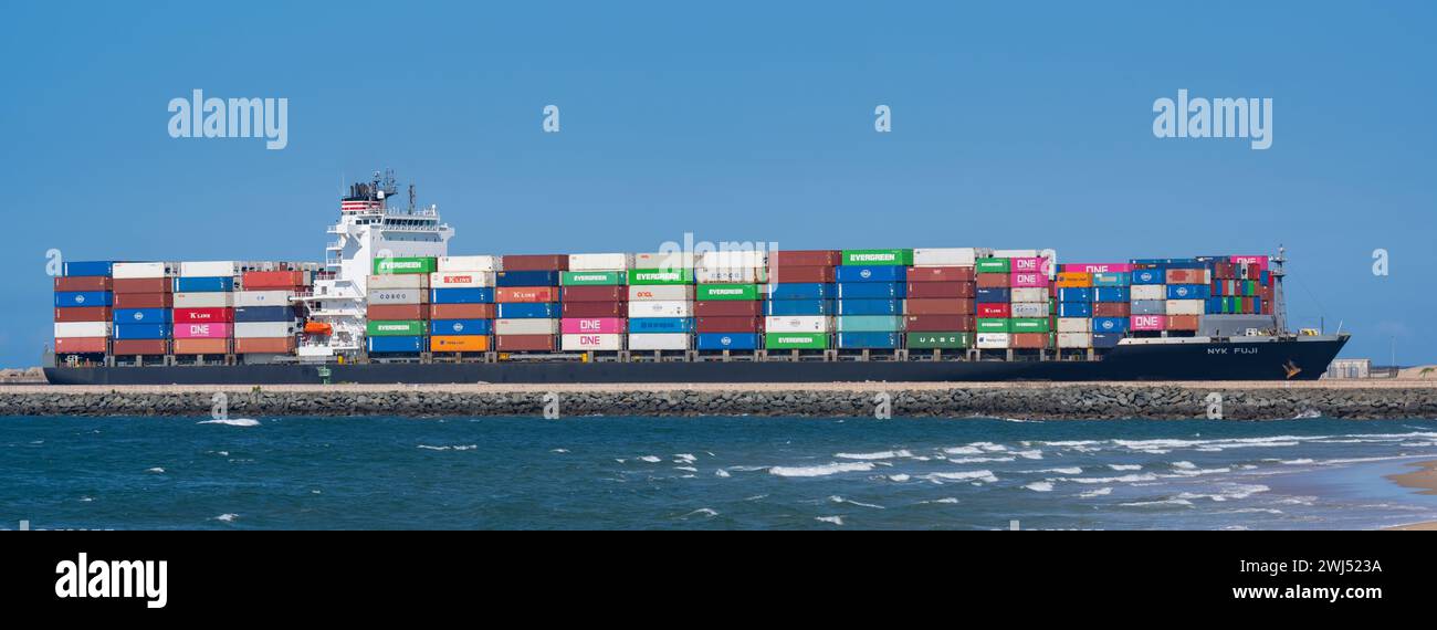 Nave container della compagnia di navigazione NYK FUJI con vari container che entrano nel porto di Durba Foto Stock