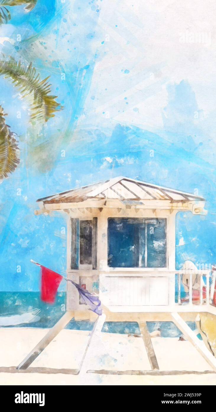 Dipinto ad acquerello della torre del bagnino a Miami Foto Stock