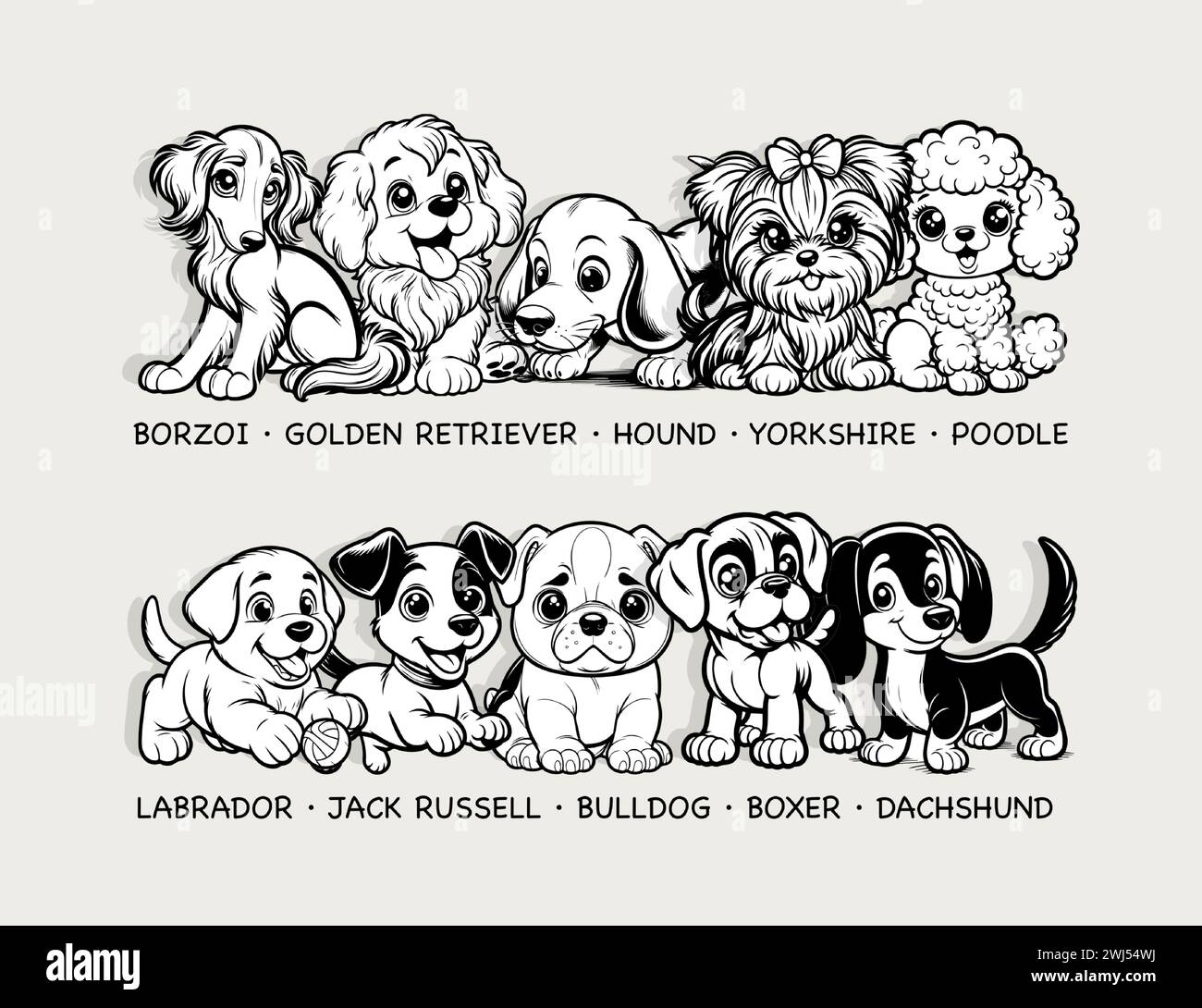 Varie razze di cani, incantevoli cartoni animati per gli amanti degli animali domestici e gli appassionati di razza, una vasta collezione di canini. Illustrazione vettoriale Illustrazione Vettoriale