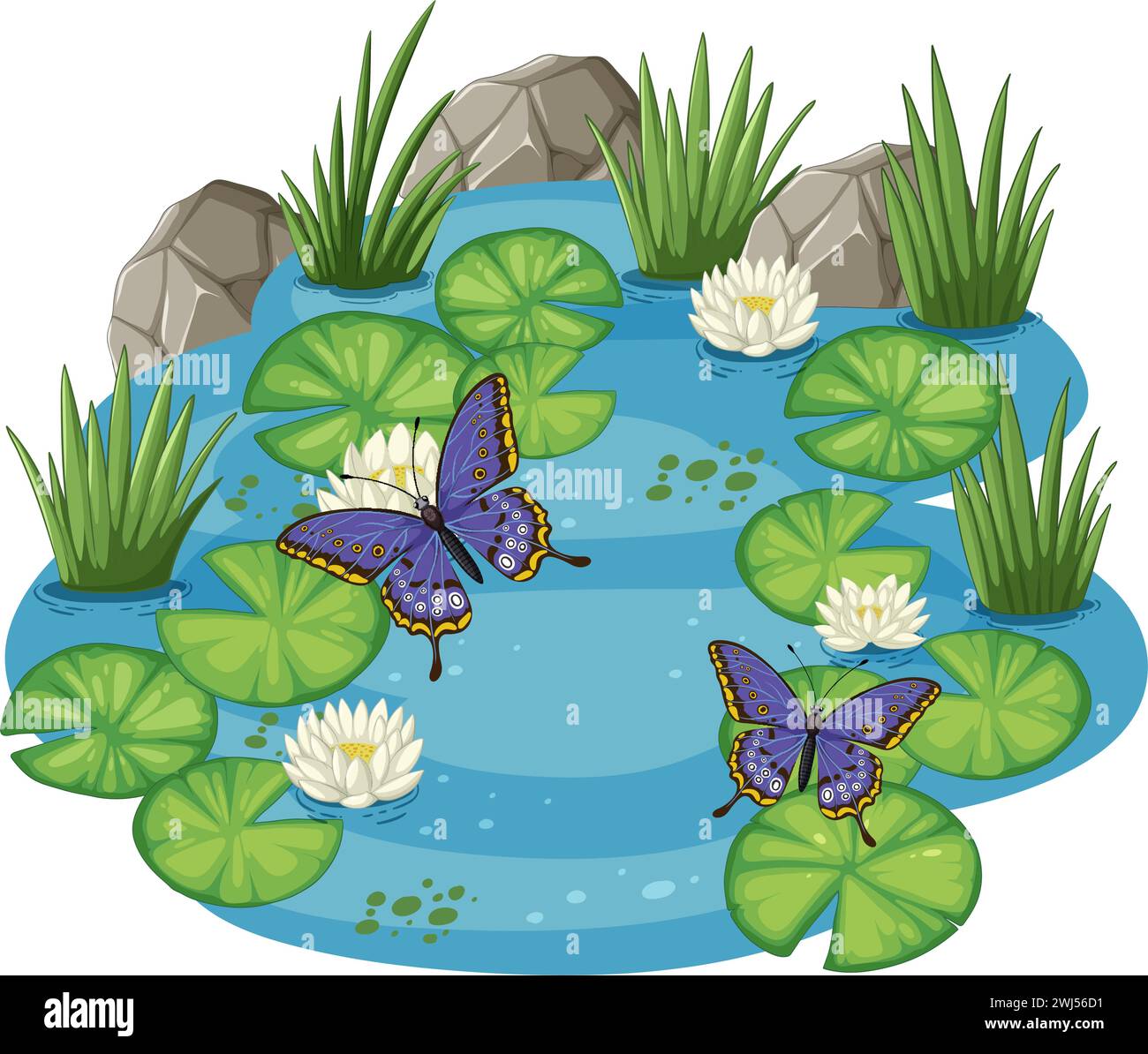 Farfalle colorate sopra un tranquillo laghetto con giardino Illustrazione Vettoriale