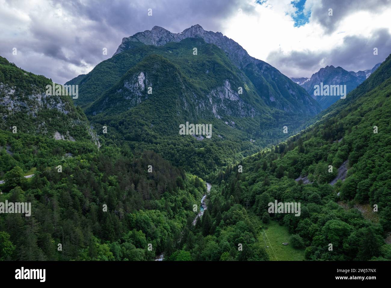 Paesaggio alpino con foresta verde nel passo del Predil, Italia. Vista aerea con drone Foto Stock