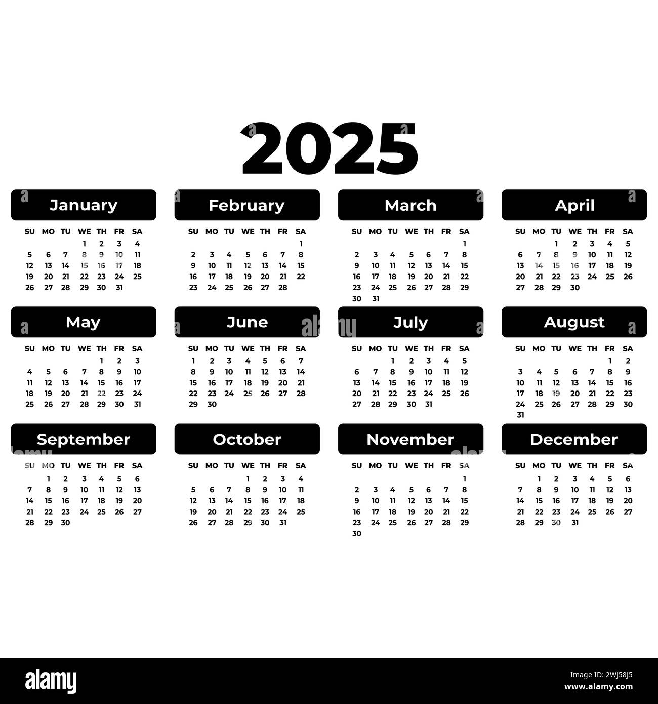 Calendario rettangolare nero vettoriale orizzontale per 2025 anni. Caratteri grandi in grassetto. Immagine isolata. Modello illustrativo per design, planner Illustrazione Vettoriale