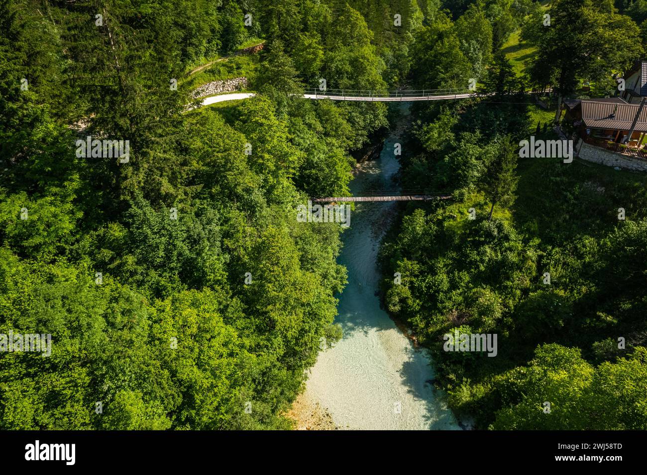 Ponte sospeso sul fiume alpino nella foresta verde, Slovenia. Vista aerea con droni Foto Stock