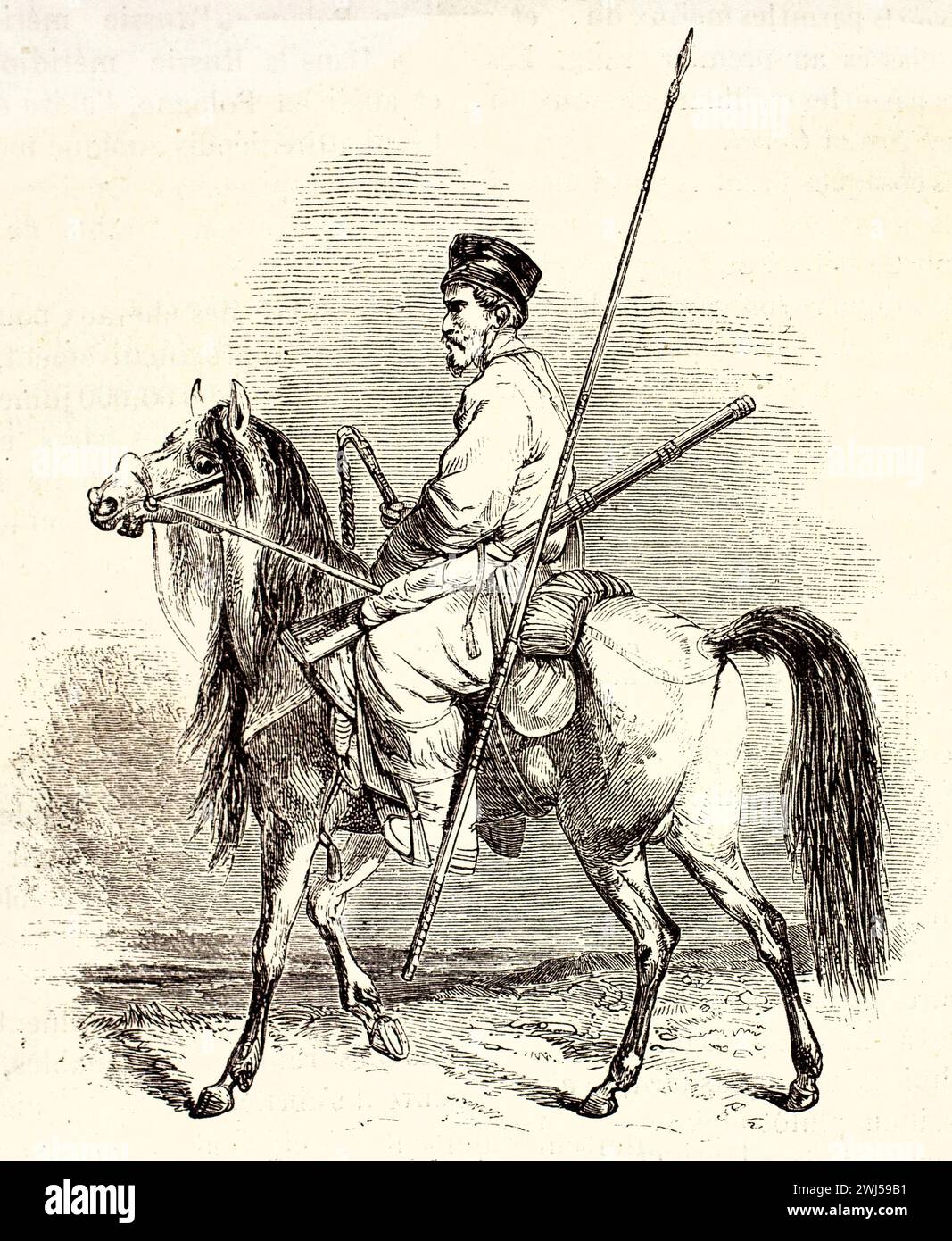 Cavaliere cosacco in uniforme tradizionale a cavallo su un cavallo snello, vista laterale incisa su terreno roccioso. Illustrazione vintage di Brehm, 1878. Foto Stock