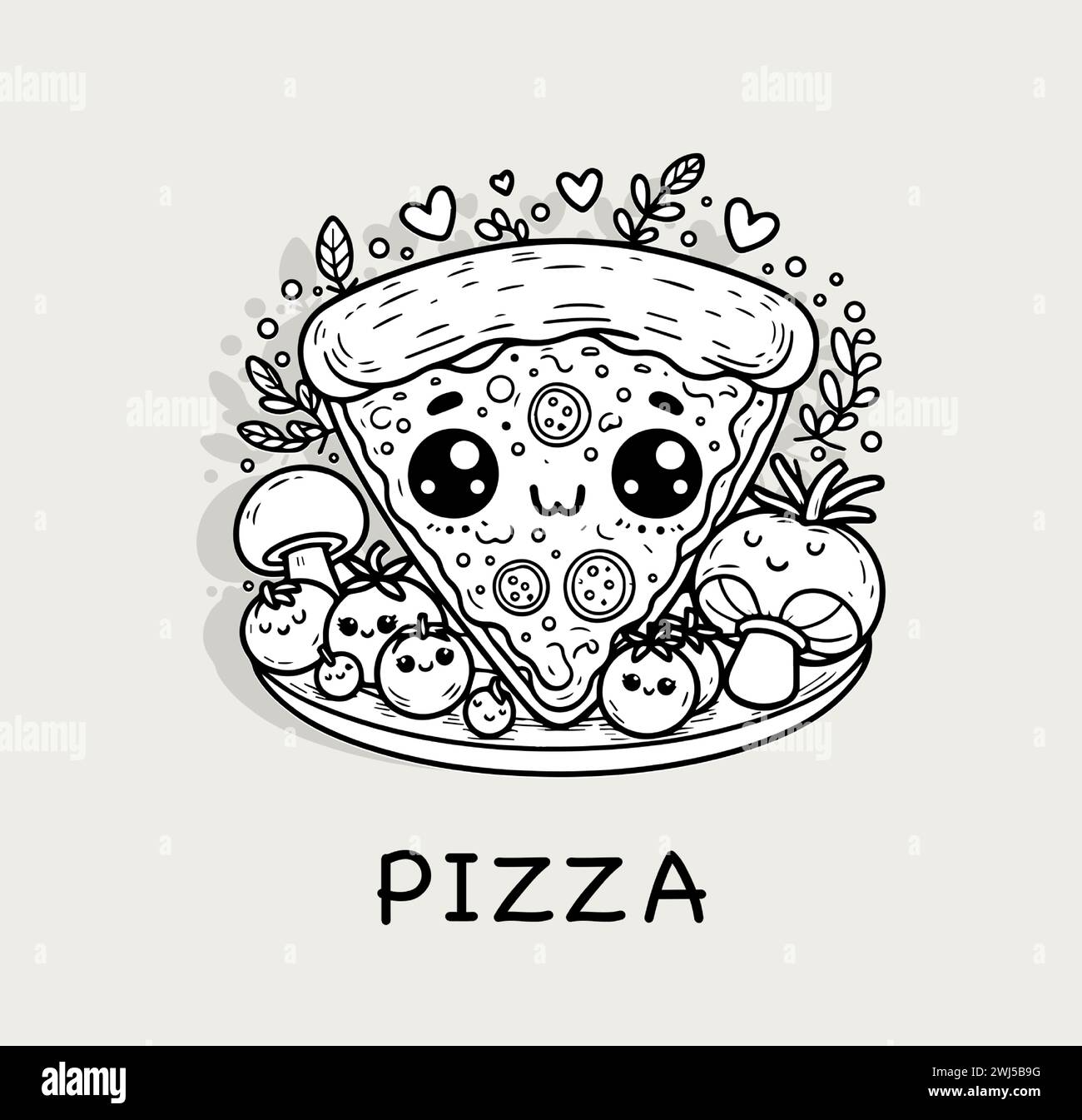 Kawaii pizza con condimenti, erbe aromatiche, cuori d'amore per i menu, libri da colorare per bambini, blog di cibo. Illustrazione vettoriale Illustrazione Vettoriale
