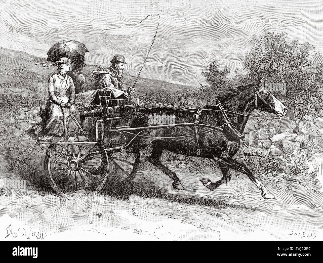 Irish Jaunting Car, Repubblica d'Irlanda. Europa. Tre mesi in Irlanda di Miss Marie Anne De Bovet (1855 - 1935) Limerick and the Clare Coast 1889, le Tour du Monde 1890 Foto Stock