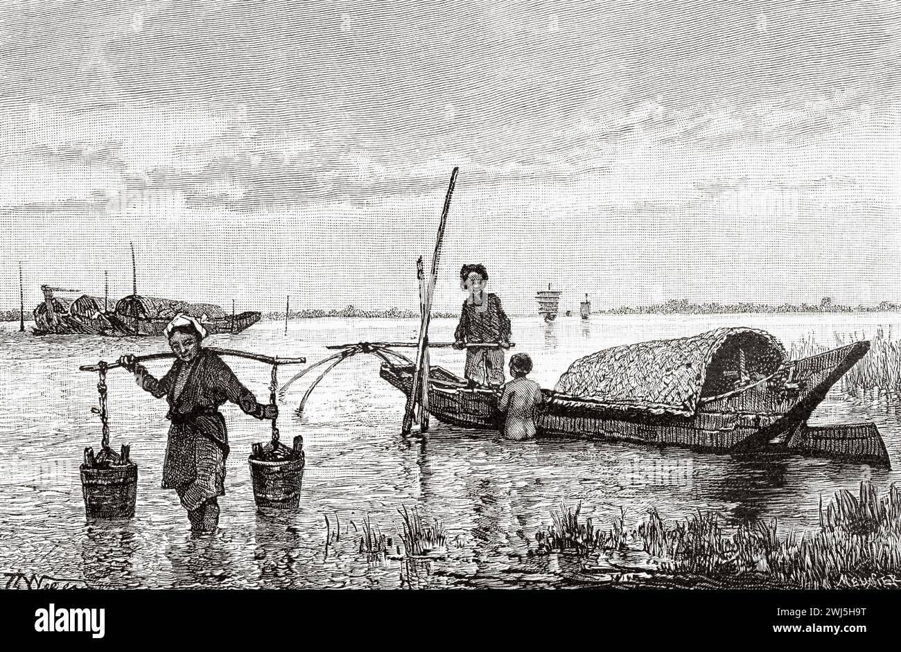 Barca vietnamita tradizionale. Sampan su un fiume. Tonchino, Indocina francese. Vietnam, Asia. Trenta mesi in Tonchino 1885 dal Dottor Charles Edouard Hocquard (1853 - 1911) le Tour du Monde 1890 Foto Stock